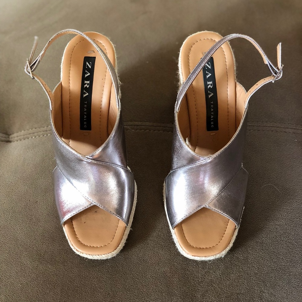 Zara Trafaluc Silver Crossover Jute Espadrilles